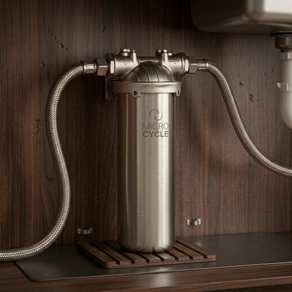 Complete Microcycle filter housing in a brushed metallic finish.